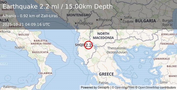 Earthquake ALBANIA (2.2 ml) (2025-10-21 04:09:16 UTC)