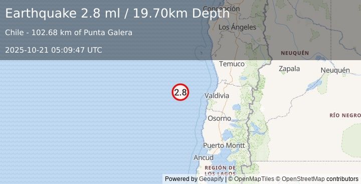 Earthquake OFF COAST OF LOS LAGOS, CHILE (2.8 ml) (2025-10-21 05:09:47 UTC)