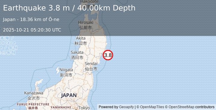 Earthquake NEAR EAST COAST OF HONSHU, JAPAN (3.8 m) (2025-10-21 05:20:30 UTC)