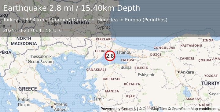 Earthquake WESTERN TURKEY (2.8 ml) (2025-10-21 05:41:58 UTC)