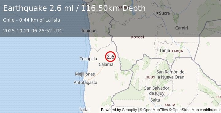 Earthquake ANTOFAGASTA, CHILE (2.6 ml) (2025-10-21 06:25:52 UTC)
