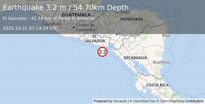 Earthquake OFFSHORE EL SALVADOR (3.2 m) (2025-10-21 07:14:29 UTC)