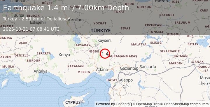 Earthquake CENTRAL TURKEY (1.4 ml) (2025-10-21 07:08:41 UTC)