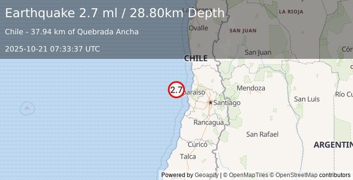 Earthquake OFFSHORE VALPARAISO, CHILE (2.7 ml) (2025-10-21 07:33:37 UTC)