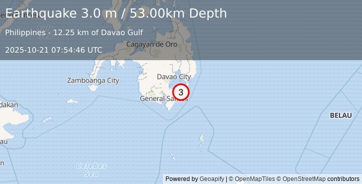 Earthquake MINDANAO, PHILIPPINES (3.0 m) (2025-10-21 07:54:46 UTC)