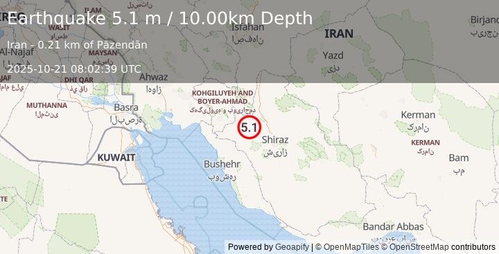 Earthquake CENTRAL IRAN (5.0 mb) (2025-10-21 08:02:36 UTC)