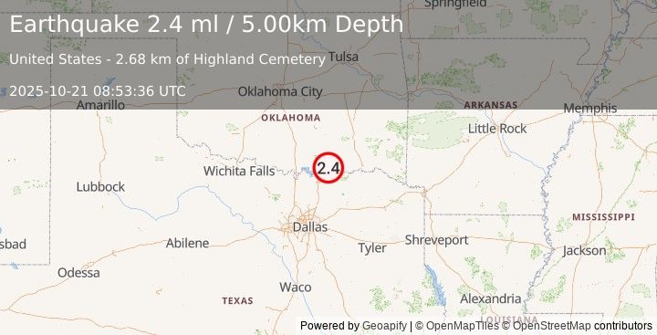 Earthquake OKLAHOMA (2.3 ml) (2025-10-21 08:53:37 UTC)