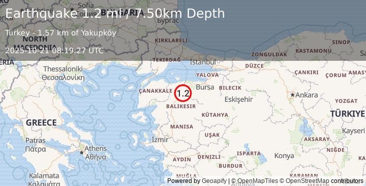 Earthquake WESTERN TURKEY (1.2 ml) (2025-10-21 08:19:26 UTC)