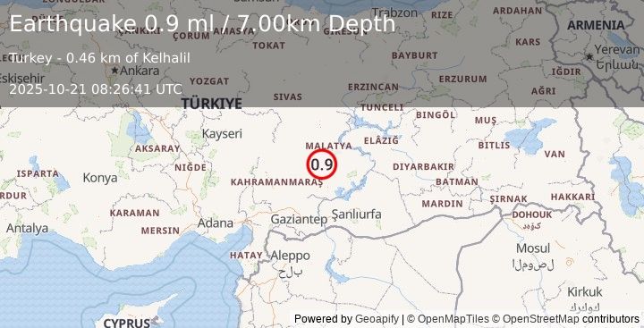 Earthquake CENTRAL TURKEY (0.9 ml) (2025-10-21 08:26:41 UTC)