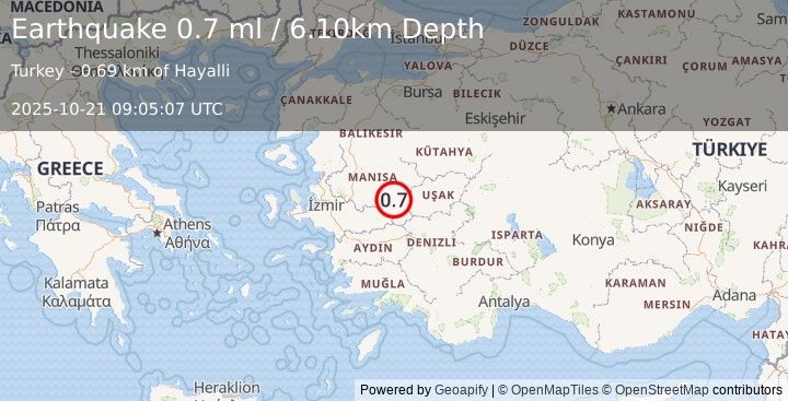 Earthquake WESTERN TURKEY (0.7 ml) (2025-10-21 09:05:07 UTC)