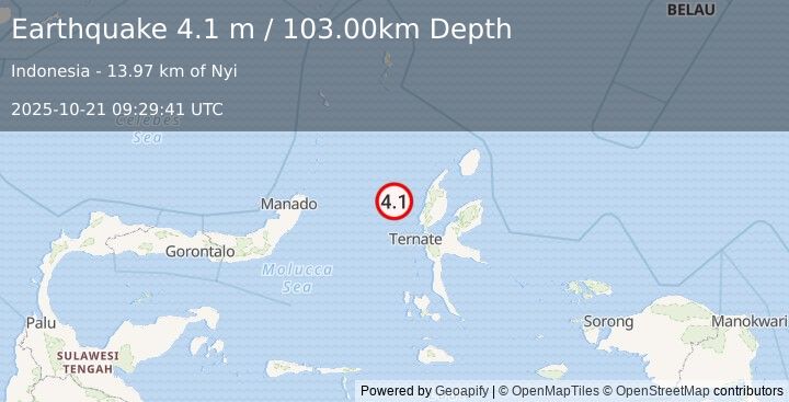 Earthquake MOLUCCA SEA (4.1 m) (2025-10-21 09:29:41 UTC)