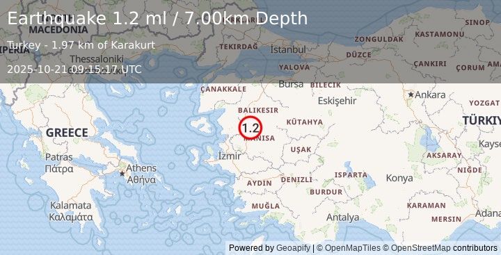 Earthquake WESTERN TURKEY (1.2 ml) (2025-10-21 09:15:17 UTC)