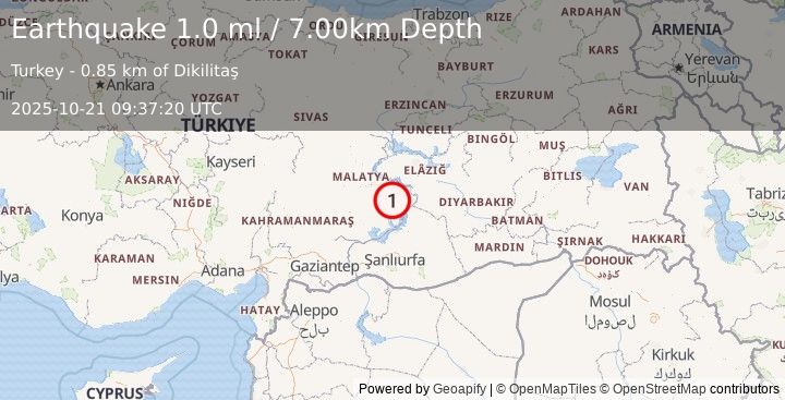 Earthquake EASTERN TURKEY (1.0 ml) (2025-10-21 09:37:20 UTC)