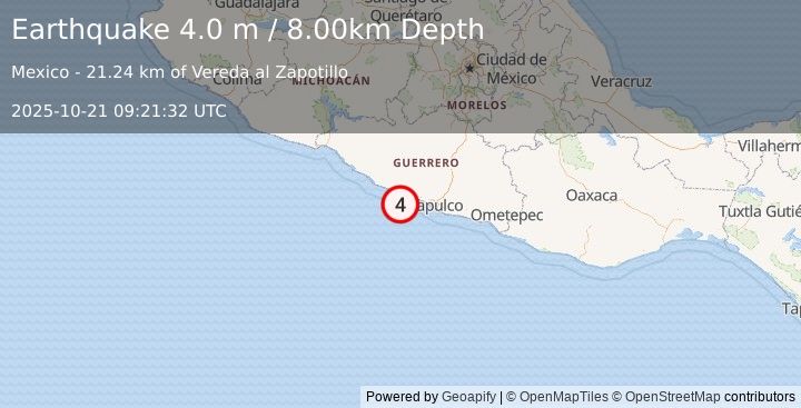 Earthquake OFFSHORE GUERRERO, MEXICO (4.0 m) (2025-10-21 09:21:32 UTC)
