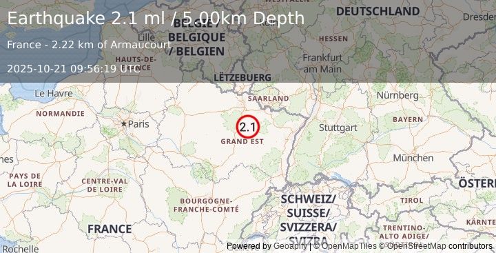 Earthquake FRANCE (2.1 ml) (2025-10-21 09:56:19 UTC)