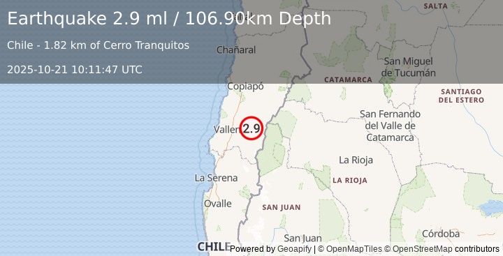 Earthquake ATACAMA, CHILE (2.9 ml) (2025-10-21 10:11:47 UTC)
