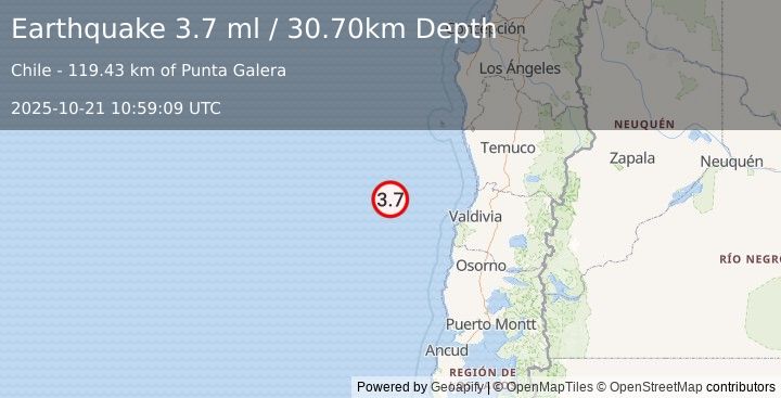 Earthquake OFF COAST OF LOS LAGOS, CHILE (3.7 ml) (2025-10-21 10:59:09 UTC)