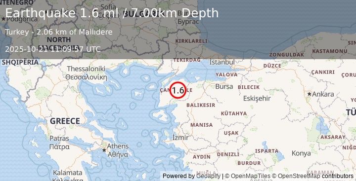 Earthquake WESTERN TURKEY (1.6 ml) (2025-10-21 11:09:57 UTC)
