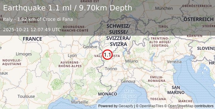 Earthquake NORTHERN ITALY (1.1 ml) (2025-10-21 12:07:49 UTC)