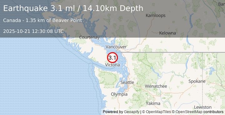 Earthquake VANCOUVER ISLAND, CANADA REGION (3.1 ml) (2025-10-21 12:30:08 UTC)