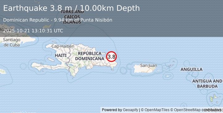 Earthquake DOMINICAN REPUBLIC REGION (3.8 m) (2025-10-21 13:10:31 UTC)