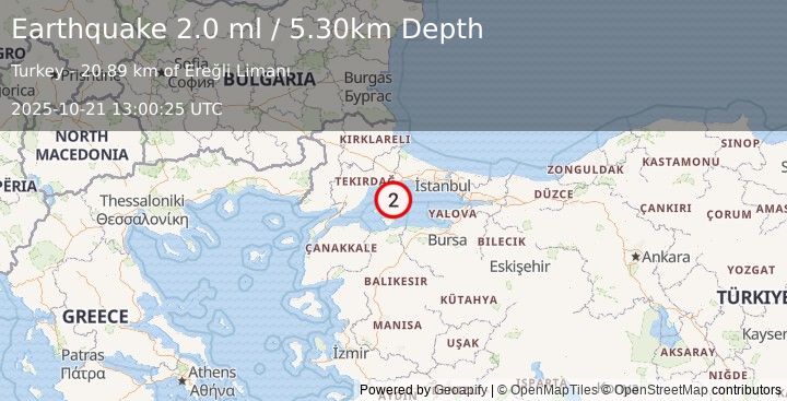 Earthquake WESTERN TURKEY (1.9 ml) (2025-10-21 13:00:24 UTC)