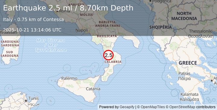 Earthquake SOUTHERN ITALY (2.5 ml) (2025-10-21 13:14:06 UTC)