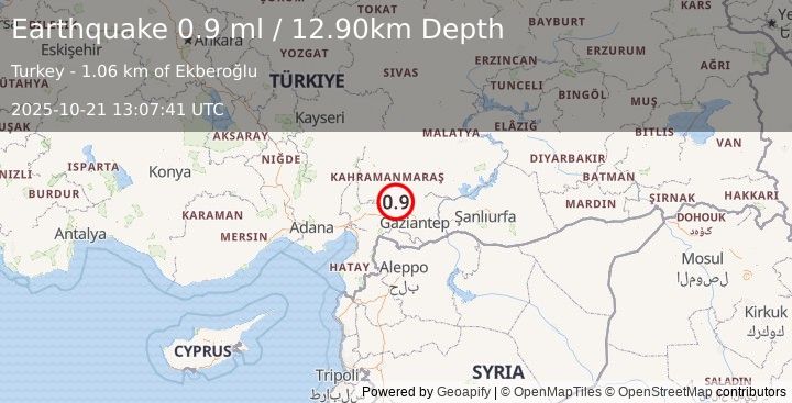 Earthquake CENTRAL TURKEY (0.9 ml) (2025-10-21 13:07:41 UTC)
