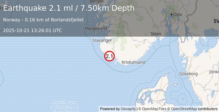 Earthquake SOUTHERN NORWAY (2.1 ml) (2025-10-21 13:26:01 UTC)