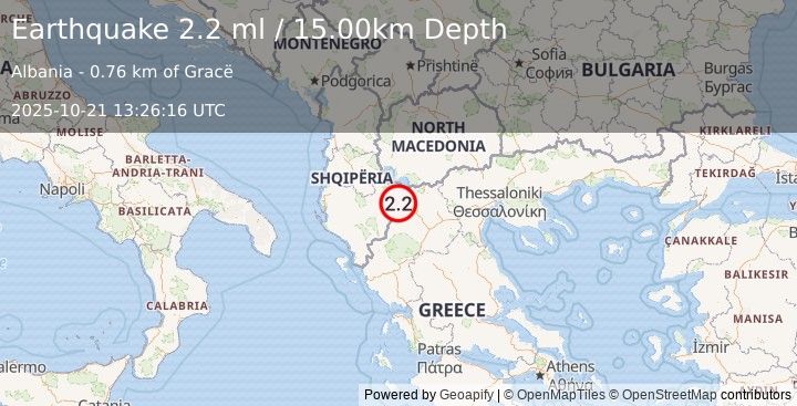 Earthquake ALBANIA (2.2 ml) (2025-10-21 13:26:16 UTC)