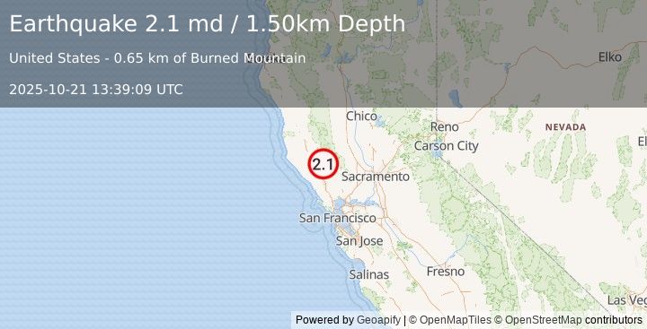 Earthquake NORTHERN CALIFORNIA (2.1 md) (2025-10-21 13:39:09 UTC)