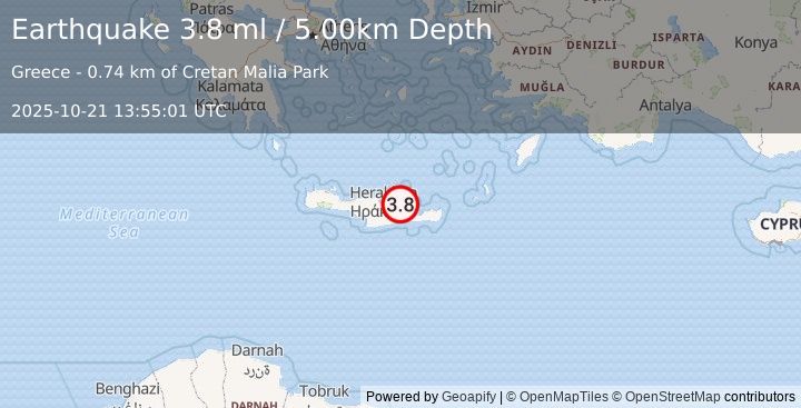 Earthquake CRETE, GREECE (3.8 ml) (2025-10-21 13:55:01 UTC)