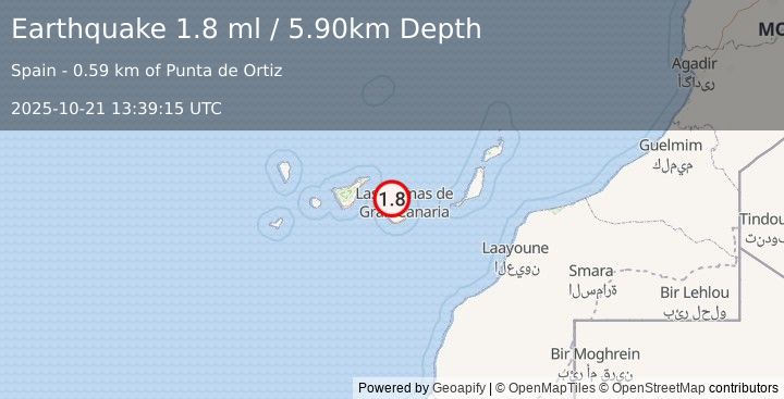 Earthquake CANARY ISLANDS, SPAIN REGION (1.8 ml) (2025-10-21 13:39:15 UTC)