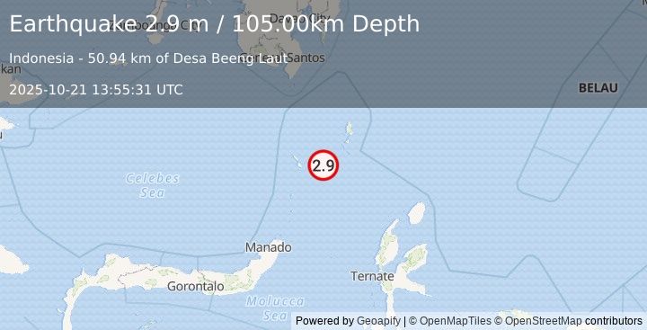 Earthquake KEPULAUAN TALAUD, INDONESIA (2.9 m) (2025-10-21 13:55:31 UTC)