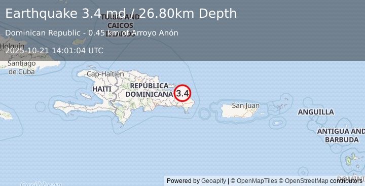 Earthquake DOMINICAN REPUBLIC (3.4 md) (2025-10-21 14:01:04 UTC)