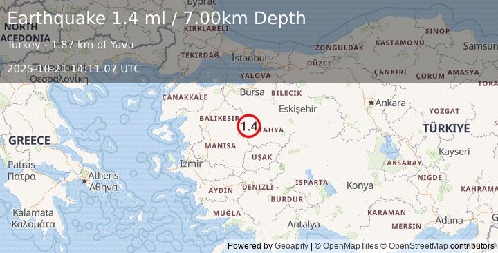 Earthquake WESTERN TURKEY (1.4 ml) (2025-10-21 14:11:07 UTC)