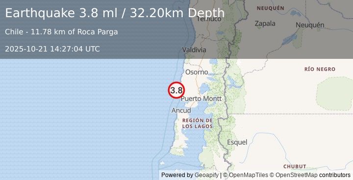 Earthquake OFFSHORE LOS LAGOS, CHILE (3.8 ml) (2025-10-21 14:27:04 UTC)