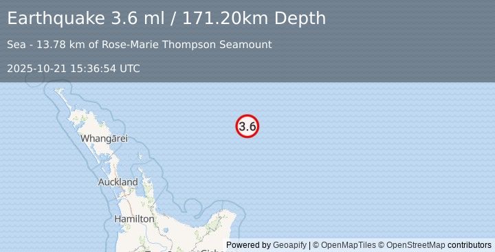 Earthquake OFF E. COAST OF N. ISLAND, N.Z. (3.6 ml) (2025-10-21 15:36:54 UTC)