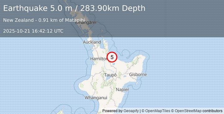 Earthquake NORTH ISLAND OF NEW ZEALAND (5.0 m) (2025-10-21 16:42:12 UTC)