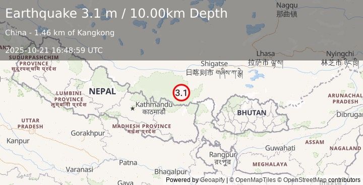 Earthquake WESTERN XIZANG (3.1 m) (2025-10-21 16:48:59 UTC)