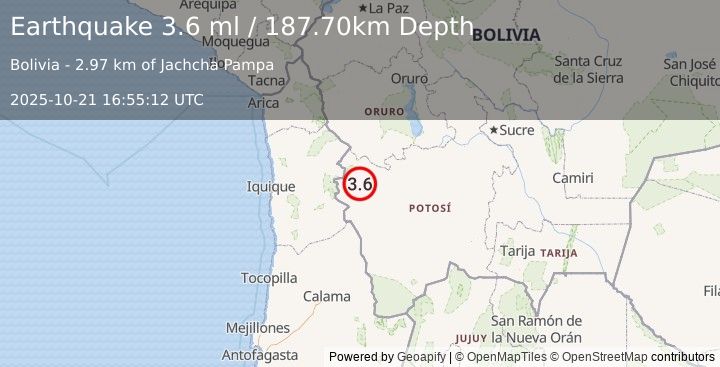 Earthquake POTOSI, BOLIVIA (3.6 ml) (2025-10-21 16:55:12 UTC)