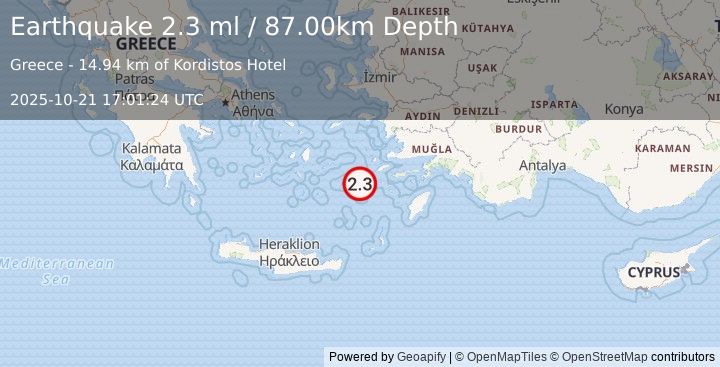 Earthquake DODECANESE ISLANDS, GREECE (2.3 ml) (2025-10-21 17:01:24 UTC)