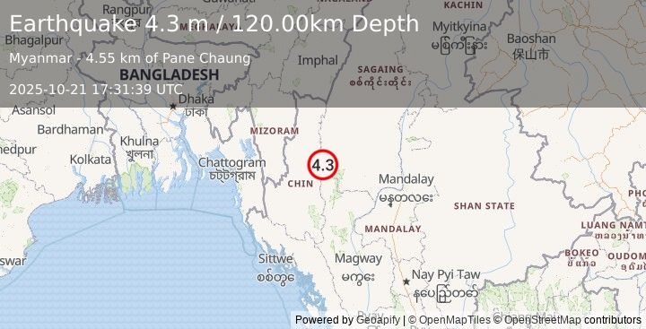 Earthquake MYANMAR (4.3 m) (2025-10-21 17:31:39 UTC)