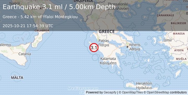 Earthquake IONIAN SEA (3.1 ml) (2025-10-21 17:54:39 UTC)