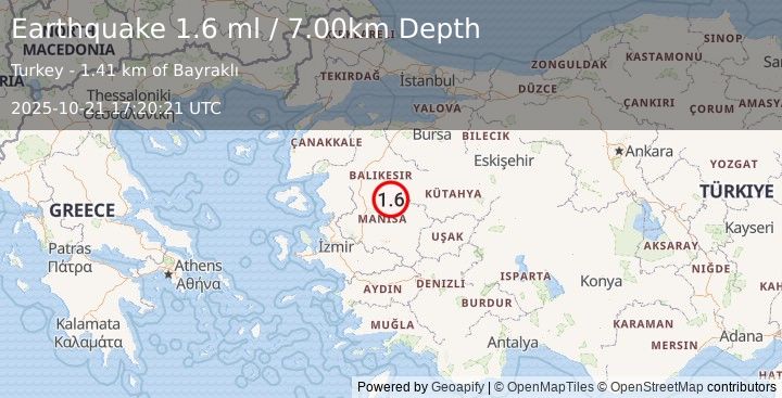 Earthquake WESTERN TURKEY (1.6 ml) (2025-10-21 17:20:20 UTC)
