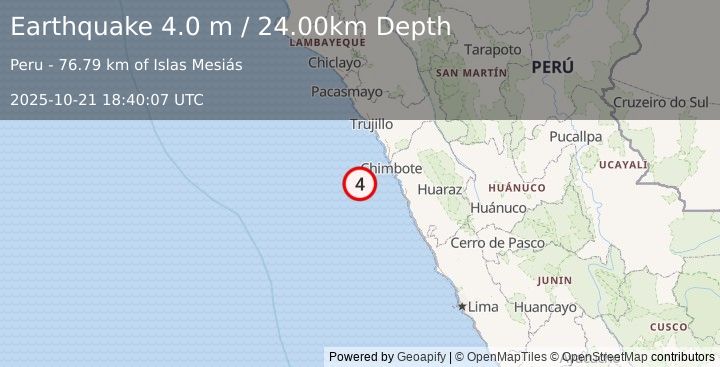 Earthquake OFF COAST OF NORTHERN PERU (4.0 m) (2025-10-21 18:40:07 UTC)
