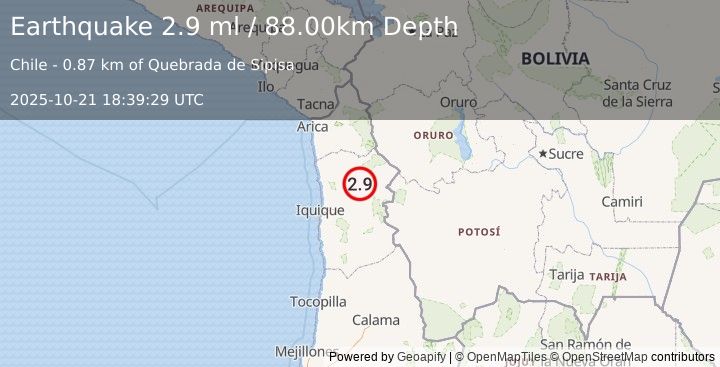 Earthquake TARAPACA, CHILE (2.9 ml) (2025-10-21 18:39:29 UTC)