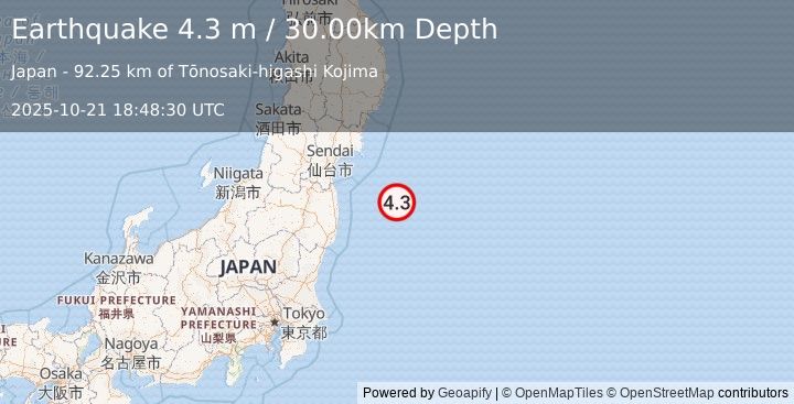 Earthquake OFF EAST COAST OF HONSHU, JAPAN (4.3 m) (2025-10-21 18:48:33 UTC)