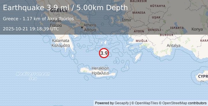 Earthquake DODECANESE ISLANDS, GREECE (3.9 ml) (2025-10-21 19:18:39 UTC)