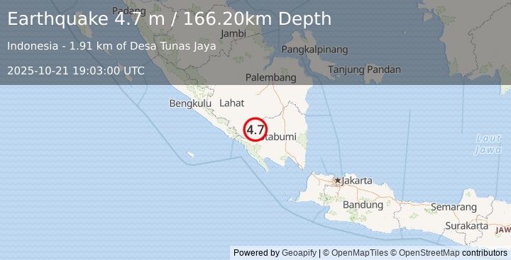 Earthquake SOUTHERN SUMATRA, INDONESIA (4.7 m) (2025-10-21 19:03:00 UTC)